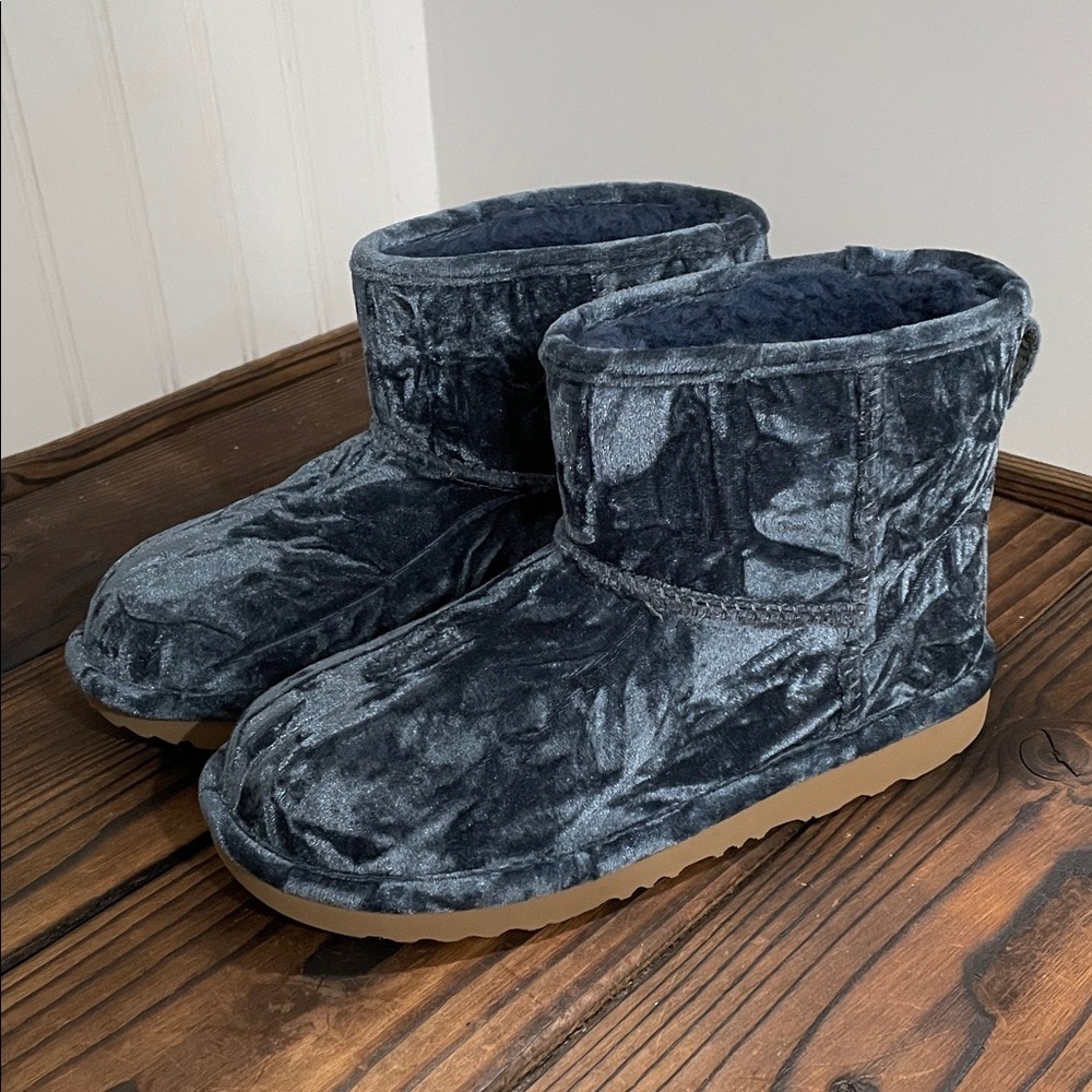 UGG Cozy Fleece Lined Blue Cushed Velvet Mini Boots